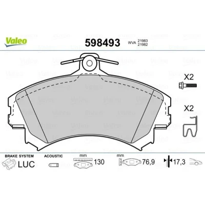 Image of 30623253, 30623259, 30630555, 30630612, 30769199 Brake pad set VALEO 598493 MITSUBISHI: Colt 6, VI CZC Convertible, Carisma Hatchback