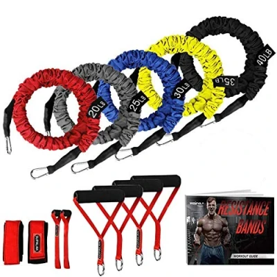 Image of Resistance Bands, 15 Pieces Exercise Elastic Bands Set, 20lbs to 40lbs Tubes with Heavy Duty Protective Nylon Sleeves Anti Snap for Fitness SUPALAK