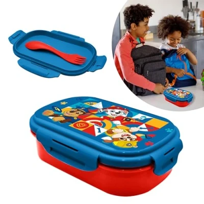 Image of Paw Patrol Sandwich Box for Kids, Leakproof Reusable Travel Lunch Food Storage Container with 2 Compartments and Cutlery, BPA Free, Microwave Dishwasher Safe 3+ Years Size 20cm