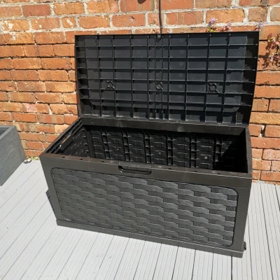Image of Samuel ALEXANDER 335L Rattan Style Outdoor Garden Storage Box Large waterproof containers,Perfect for Patio &amp; Garden,Outside with Sit on Lid Black