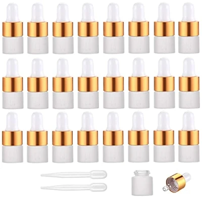 Image of Yalbdopo 24Pcs, 1Ml Frosted Glass Sample Dropper Bottles, Empty Mini Bottles with Pipettes Golden Aluminum Alloy Cap Refillable Container for Essential Oils Perfume Cosmetic Liquid