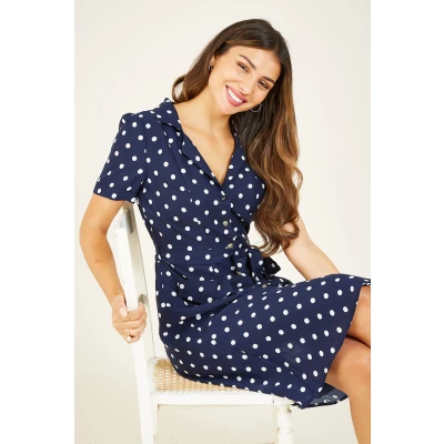Image of Yumi Navy Spotted Retro Shirt Dress 8
