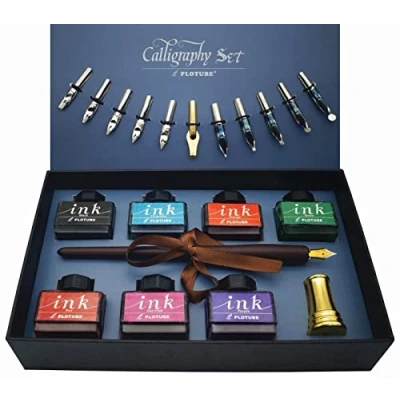 Image of IDEAPOOL Calligraphy Pen Set, 22 pieces Includes 7 Bottle Inks, 12 Nibs, Wood Dip Pen, Golden Holder and Beginner Introduction Booklet