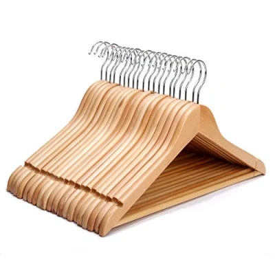 Image of JPN 20 Pack Premium Strong Wooden Coat Hangers with Round Trouser Bar and Shoulder Notches Ideal For Suits, Trousers, Skirts, Shirts Blouses Natural Finish