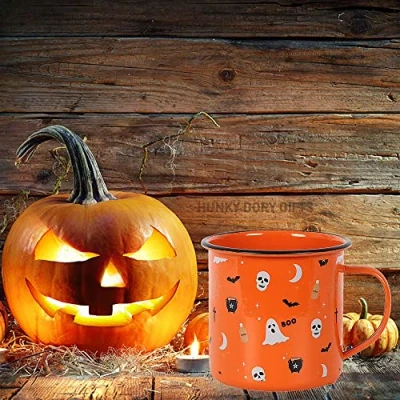 Image of Spooky Orange Halloween Print Enamel Mug 99cm x 13cm(1 Pc.) Fun Design &amp; Iron Material Perfect for Everyday Use