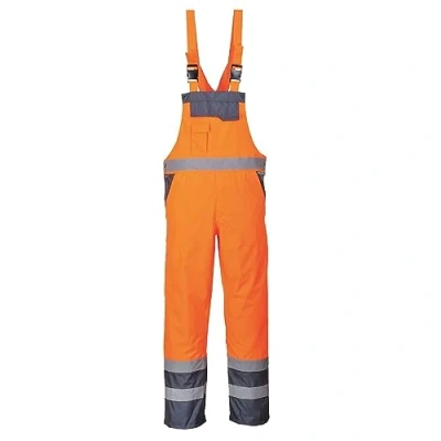 Image of Portwest S488 Men&#039;s Hi Vis Bib and Brace Work Overalls Waterproof Breathable Contrast Rain Dungarees Orange/Navy, 3X Large