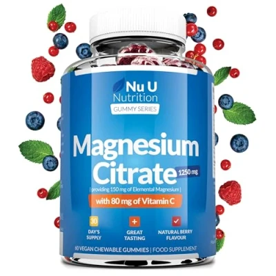 Image of Magnesium Gummies 1250mg for Adults and Kids (5+) 60 Vegan Berry Flavour Providing 150mg of Elemental &amp; 80mg Vitamin C Citrate Supplement