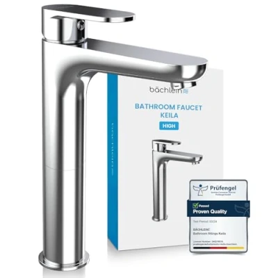 Image of Bächlein High Tap for The Bathroom in Classic Design, Extra Single Lever Mixer Countertop Washbasin with Installation Set, Chrome Faucet