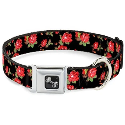 Image of Buckle Down Seatbelt Dog Collar Red Roses Scattered Black 1&quot; Wide Fits 15 26&quot; Neck Large