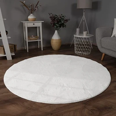 Image of Paco Home Large Rug Faux Fur Fluffy Shaggy High Pile Soft Washable, Size:80 cm round, Colour:White