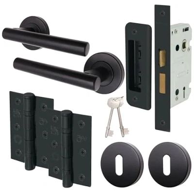 Image of EAI Black Key Lock Door Handle Set Round T Bar Internal Handles, Sash (80mm Case), Hinges (76mm) &amp; 2 Escutcheons Matt Oliena Range
