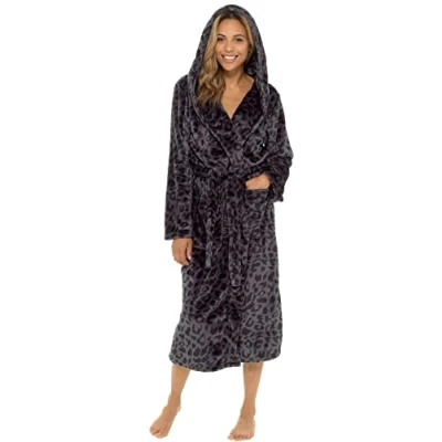 Image of KATE MORGAN Ladies Dressing Gown Fluffy Super Soft Hooded Bathrobe for Women Plush Fleece Perfect Loungewear Long Robe Gifts S PANTHER