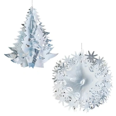 Image of Christmas Foil Ceiling Decorations 30cm Tree and Ball Set 2 Tone Silver White