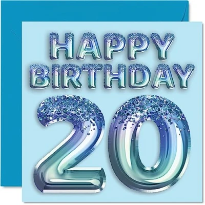 Image of 20th Birthday Card for Men Blue Glitter Party Balloon Happy Cards 20 Year Old Man Brother Son Nephew Uncle, 145mm x Twenty Twentieth Bday Greeting Gift