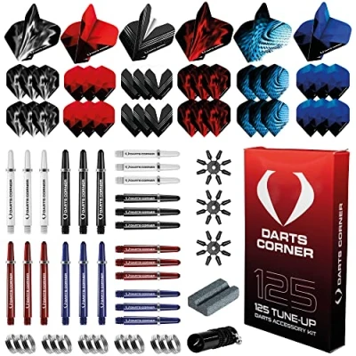 Image of Darts Corner BX228 Tune Up Kit 125pc Accessory Pack Including 24 Shafts, 36 Flights, Point Protectors, Shaft Springs, Broken Remover and a Steel Tip Sharpening Tool
