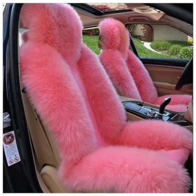 Image of QMMD 2 Pcs Luxurious Sheepskin Long Wool Front car Seat Covers Pad Mat Universal Fit Soft, fluffy, warm, for winter most SUV Trucks,Pink