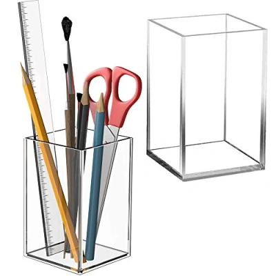 Image of 2 Pieces Pencil Pen holder, Makeup Brush Acrylic Square Pot, Organizer, Clear Holder for Lip Liners, Eye Pads (Transparent)