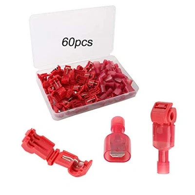 Image of QitinDasen 60Pcs (30 Pairs) Premium T Tap Wire Terminals Kit, Self Stripping Connectors with Nylon Fully Insulated Male Quick Disconnect (Red)