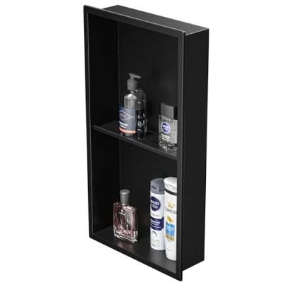 Image of Bernkot Shower Recess 304 Stainless Steel 60 x 30 cm Double Shelf for Bathroom, Black (2 Shelves)