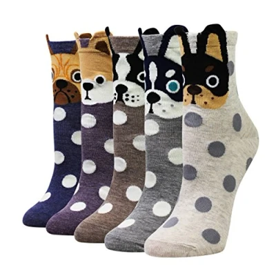 Image of Cansok Women Animal Novelty Dress Crew Socks (French BullDog Polka Dots 5 pairs)