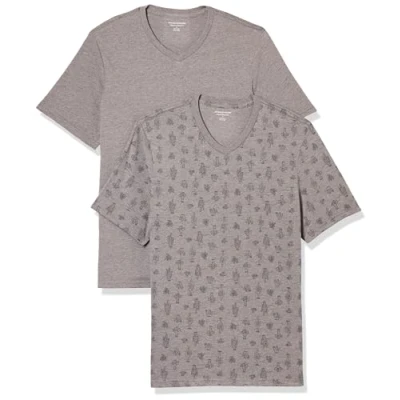 Image of Amazon Essentials Men&#039;s Regular Fit Short Sleeved V Neck T Shirt (Available in Big and Tall), Pack of 2, Grey Heather Cactus, S