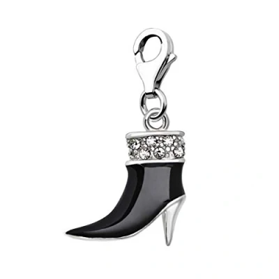 Image of Quiges Black Enamel 3D Boot Clip On Charm Pendant with Cubic Zirconia Silver Plated Women&#039;s Jewellery