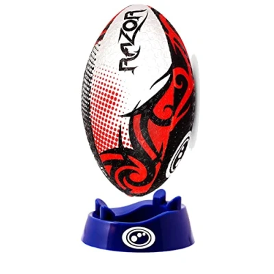 Image of Optimum Razor Rugby Ball Perfect for Training &amp; Gameplay, Great Flight Air Retention, Rubber Dimpled Surface Grip, 2 Ply 410g Size 5 Black/Red Includes Kicking Tee