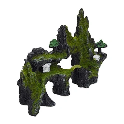 Image of Relaxdays Aquarium Decoration, Rock Formation, Natural Look, Asian Ornaments, Fish Tank, 17 x 23.5 cm, Black/Green, Polyresin, Pack of 1