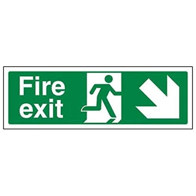 Image of V Safety Fire Exit Arrow Down Right Sign Landscape 300mm x 100mm 2mm Rigid Plastic