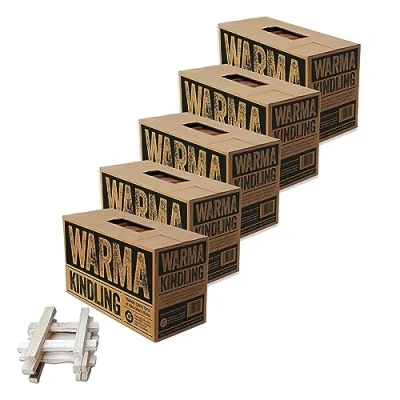 Image of Warma Premium Kindling Sticks Kiln Dried Wood Box Recycled Packaging Sustainably Sourced For BBQs Barbeque Open Fire Pits Stove Pizza Ovens Burners Fireplaces Chimeneas 5 x Large Boxes