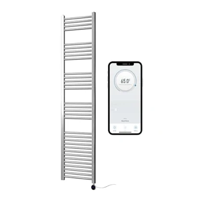 Image of Greened House Chrome Electric Smart WiFi Controlled Heated Towel Rail 400mm W x 1800mm H Flat 7 Day Programmable Timer App Compatibility