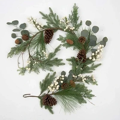 Image of 150cm Christmas Garland Decorated with Snowberries, Eucalyptus Leaves, Pine Cones, Grapevine Fireplace Door Room Wall Home Hanging Xmas Decorations