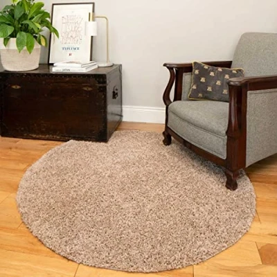 Image of Oatmeal Beige CreamModern Easy Clean Fluffy Shaggy Round Circle Rug Thick Pile Super Soft Bedroom Lounge Living Room Hallway Floor Rugs 135cm