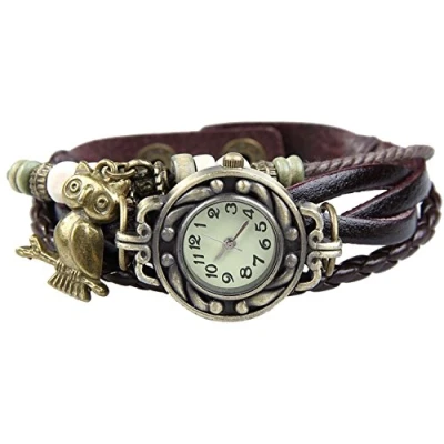 Image of Boolavard OWL Quartz Fashion Weave Wrap Around Leather Bracelet Women Wrist Watch