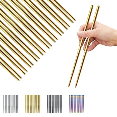 Image of Evanda Gold Chopsticks 10 Pair Reusable Chop Sticks Metal Chopsticks, Stainless Steel Golden Titanium Plating Chopstick Easy Clean Dishwasher Safe