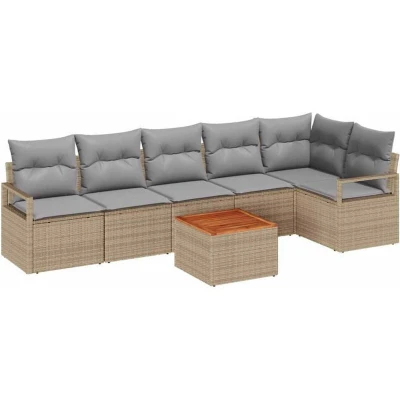 Image of vidaXL 7 Piece Garden Sofa Set with Cushions Beige Poly Rattan Acacia