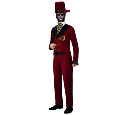 Image of Smiffys Deluxe DOTD Sacred Heart Groom Costume, Burgundy Jacket, Mock Shirt, Trousers, Mask &amp; Hat, Mexican Day of The Dead/Sugar Fancy Dress, Dead Lady Dress Up Costumes