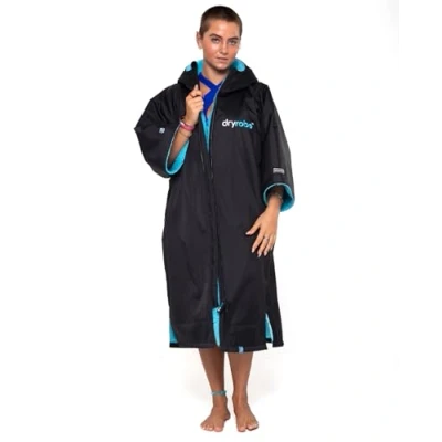 Image of Dryrobe Advance SHORT SLEEVE Waterproof Changing Robe Oversized Swim Parka Coat with Fleece Lining Hooded Jacket for Beach, Cold Water Wild Swimming, Surfing Adult Small Black/Blue