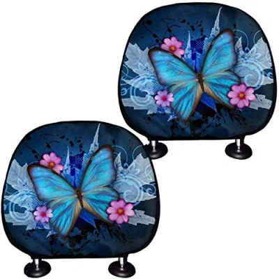 Image of SEANATIVE 2Packs Blue Car Front Seat Headrest Cushion Pad for Most Vehicle Interior Protector Butterfly Pattern Bucket Head Rest Cover
