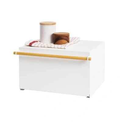 Image of YAMAZAKI 4376 Home Bread Box Kitchen Counter Container Holder Steel + Wood Food Storage, Alloy, 22.2 liters, White