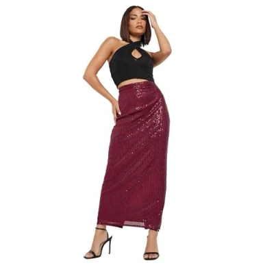Image of PixieGirl Burgundy Red Sequin Embellished Maxi Skirt Petite