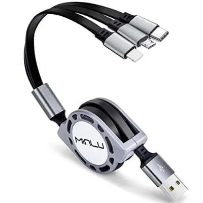 Image of Minlu Multi Charger Cable [3A 1.2m] 3 in 1 Retractable USB Charging with Lightning/Type C/Micro Cennector for Phone 15/14/13/12/11/Xs/X/8/7/Tablets/Samsung Galaxy/Sony/Huawei/LG/Nokia/Kindle