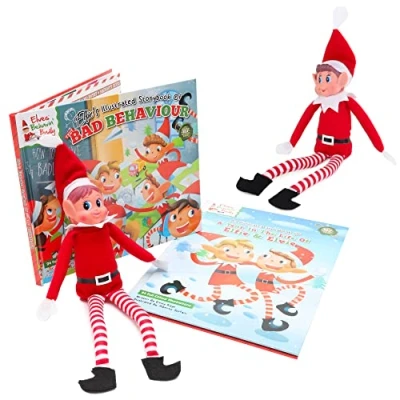 Image of Elves Behaving Badly Christmas Bundle 2 x 12 Inch Long Leg Elf Soft Toy Elfs Elfie &amp; Evie Hard Back Books Novelty Toys, Red, One Size