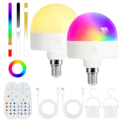 Image of Rechargeable Light Bulb with Timer and Remote, Dimmable Battery Bulbs Magnetic Base, E14 Detachable Charging LED Bulb, Non Hardwired Lamps 3 Color Temperatures + 12 RGB, 2 Packs