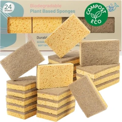 Image of bioGo 24 Pack Biodegradable Kitchen Sponges Eco Friendly, Compostable, Natural Cellulose Dish Washing Up Compostable