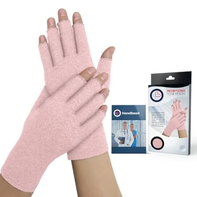 Image of Doctor Developed Arthritis Gloves w/Doctor Handbook Cotton Compression for Women &amp; Men Open Finger Rheumatoid Pain Relief (Pink, S)
