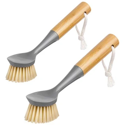 Image of MR.SIGA Dish Brush with Bamboo Handle Built in Scraper, Scrubbing for Pans, Pots, Kitchen Sink Cleaning, Pack of 2