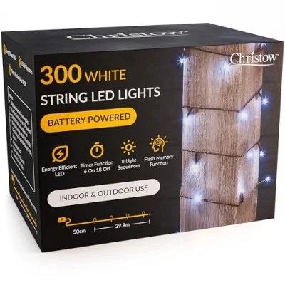 Image of CHRISTOW Christmas Fairy Lights Battery Operated, White LED String Lighting with Timer, Indoor &amp; Outdoor, 8 Light Modes Flashing Static, Green Cable (300 / 30m Lit Length)