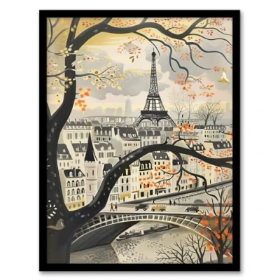 Image of Artery8 Vintage Autumn in Paris Cityscape Eiffel Tower Living Room Artwork Framed Wall Art Print 18X24 Inch