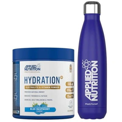 Image of Applied Nutrition Hydration Electrolyte &amp; Vitamin Powder + Blue Steel Flask 500ml Natural Energy Reduces Tiredness Optimise (240g 30 Servings)(Blue Raspberry)